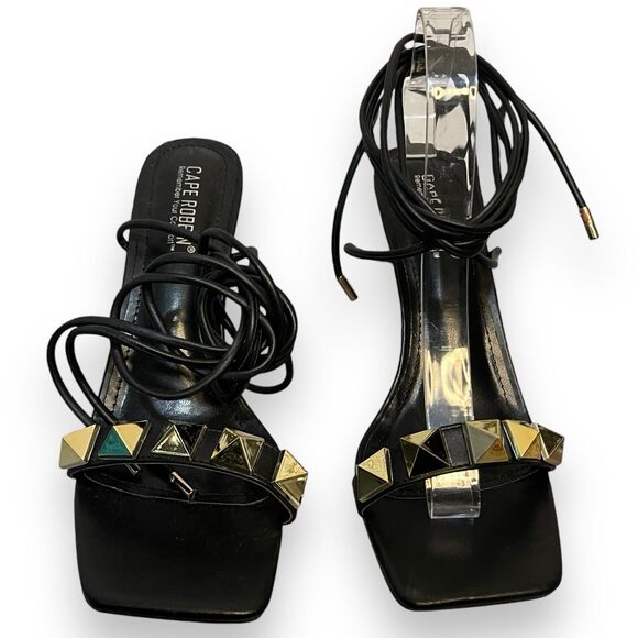 Cape Robbin Strappy Heel Sandals Womens 9 Black Studded Gold Sexy Open Toe Party - Picture 2 of 14